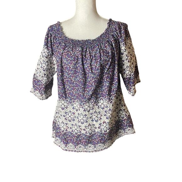 Kut from the Kloth Womens Purple Blue Floral Embroidered 3/4 Sleeve Top Large - Picture 1 of 7